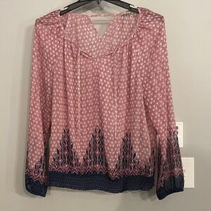 Lucky Brand‎ Top Long Sleeve Blouse V Neck Tie Semi Sheer Peasant Size 1X Boho